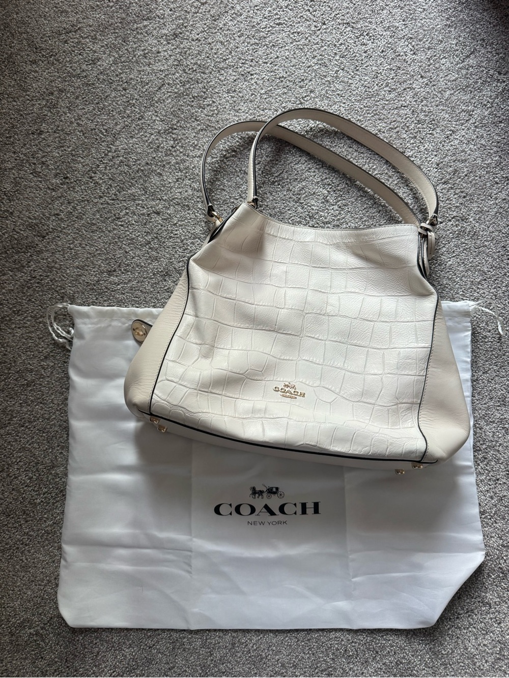 Coach Cream Croc-Embossed Leather Shoulder Bag with Gold Hardware